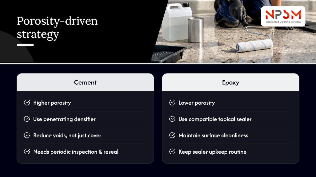How terrazzo porosity drives stain prevention strategy — overview diagram
