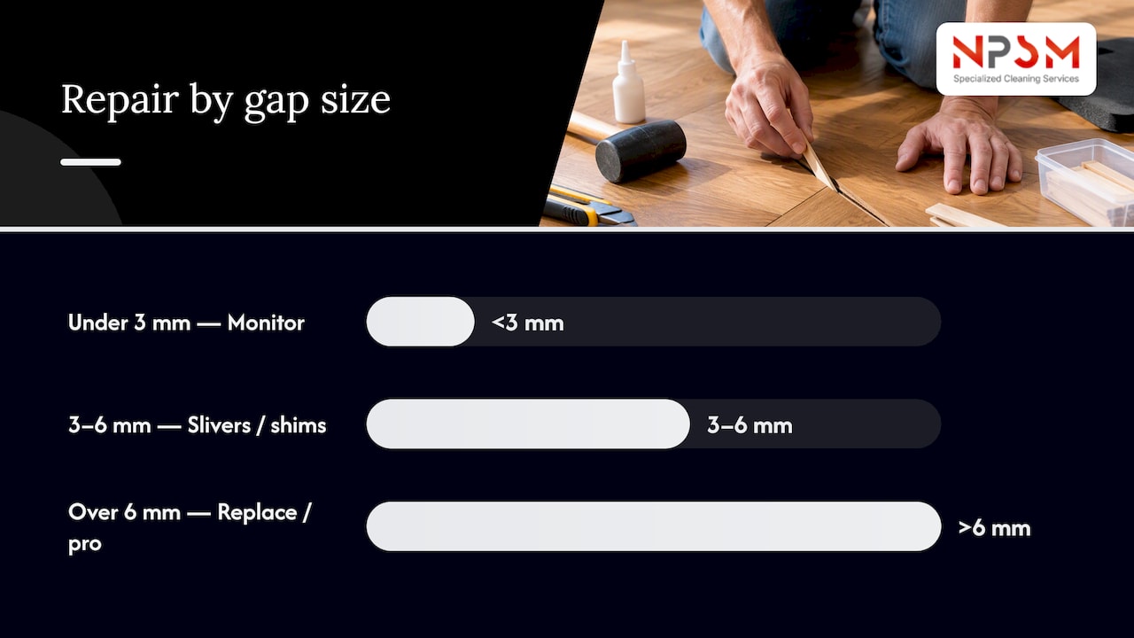 Safe DIY repair options matched to gap size and movement — overview diagram