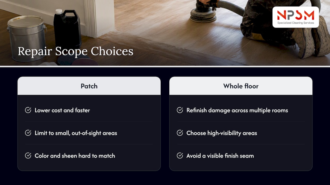 Partial repairs versus refinishing the whole floor — overview diagram