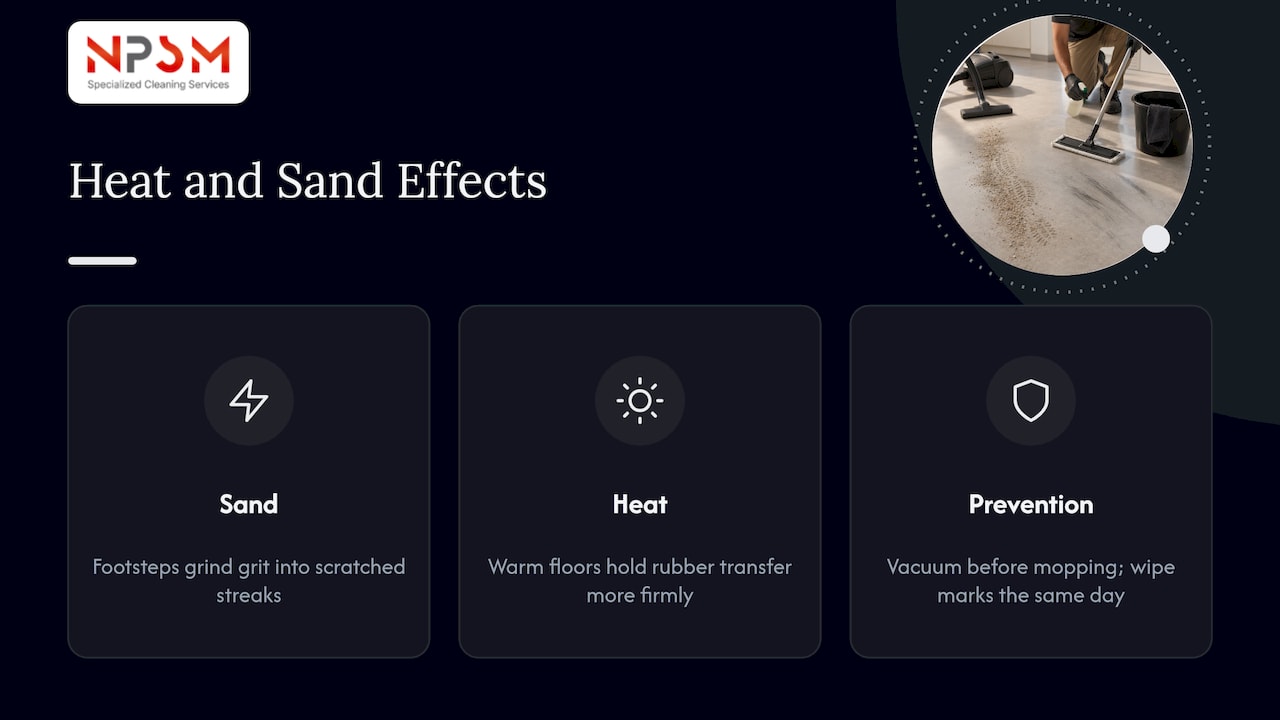 How do heat and sand make scuffs worse in Dubai? — overview diagram