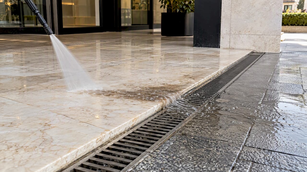 Rinse water directed into a podium drain