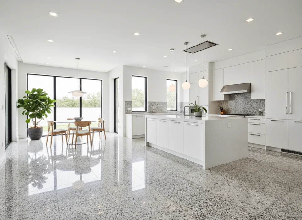 Reflective light-coloured flooring in an open-plan kitchen