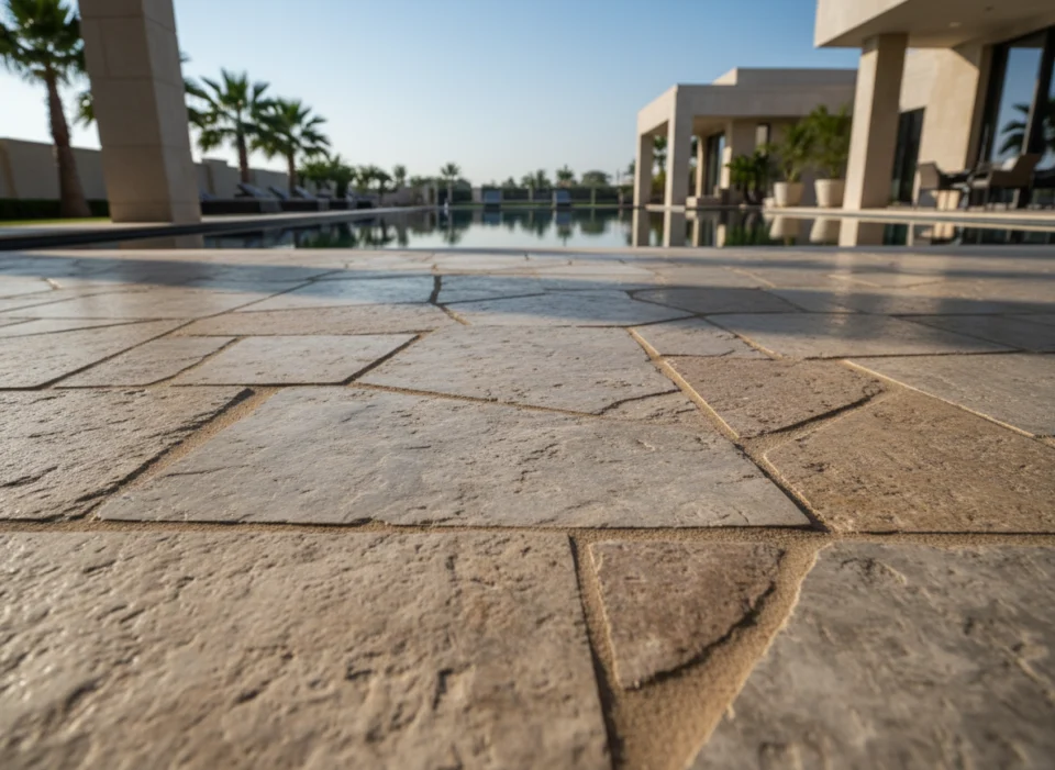 Textured stone paving outside a villa