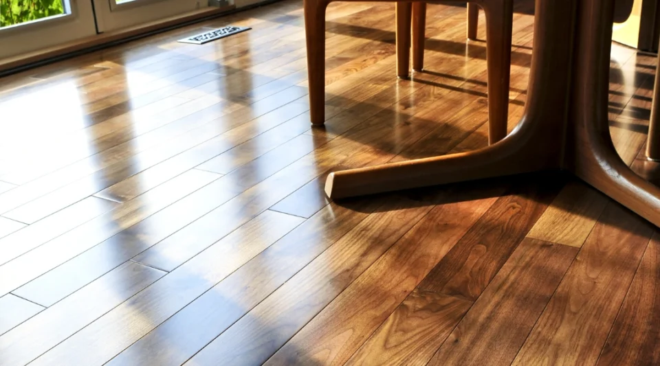 Sunlight reflected on wooden floorboards beside a table